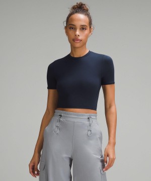 Camicie Donna Lululemon Wundermost Ultra-Soft Nulu Crewneck Cropped T-Shirt Blu Marino | IT_LuLu21774